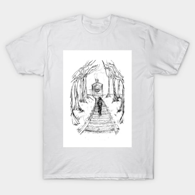 Old Railroad , Black and White boy and train in woods with moon landscape creepy Illustration T-Shirt by IrenesGoodies